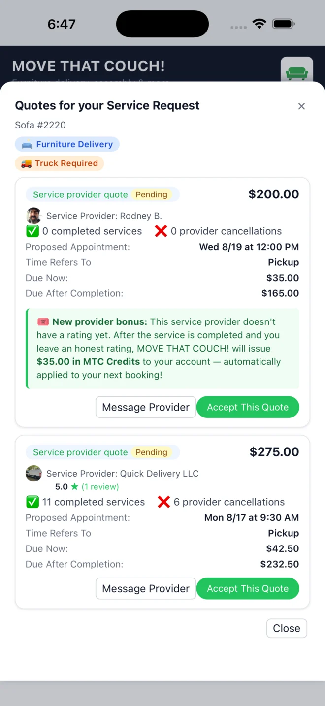 Quotes from local providers in the MOVE THAT COUCH! app
