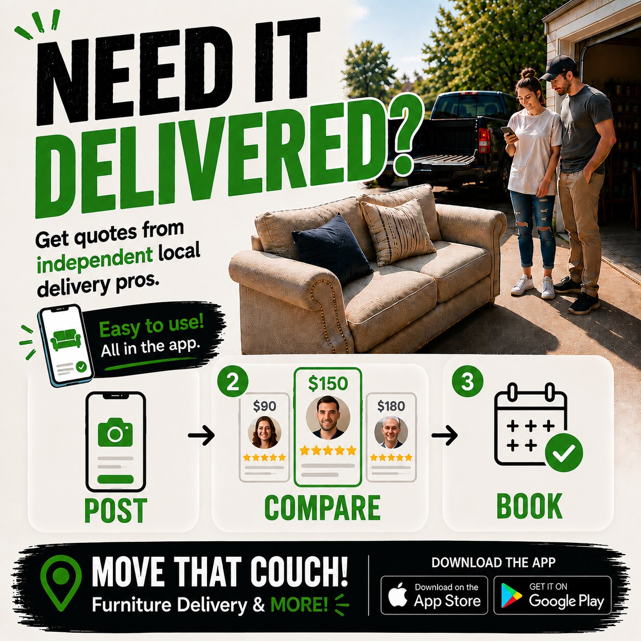 MOVE THAT COUCH! poster explaining how customers post a request, compare independent local providers, and book