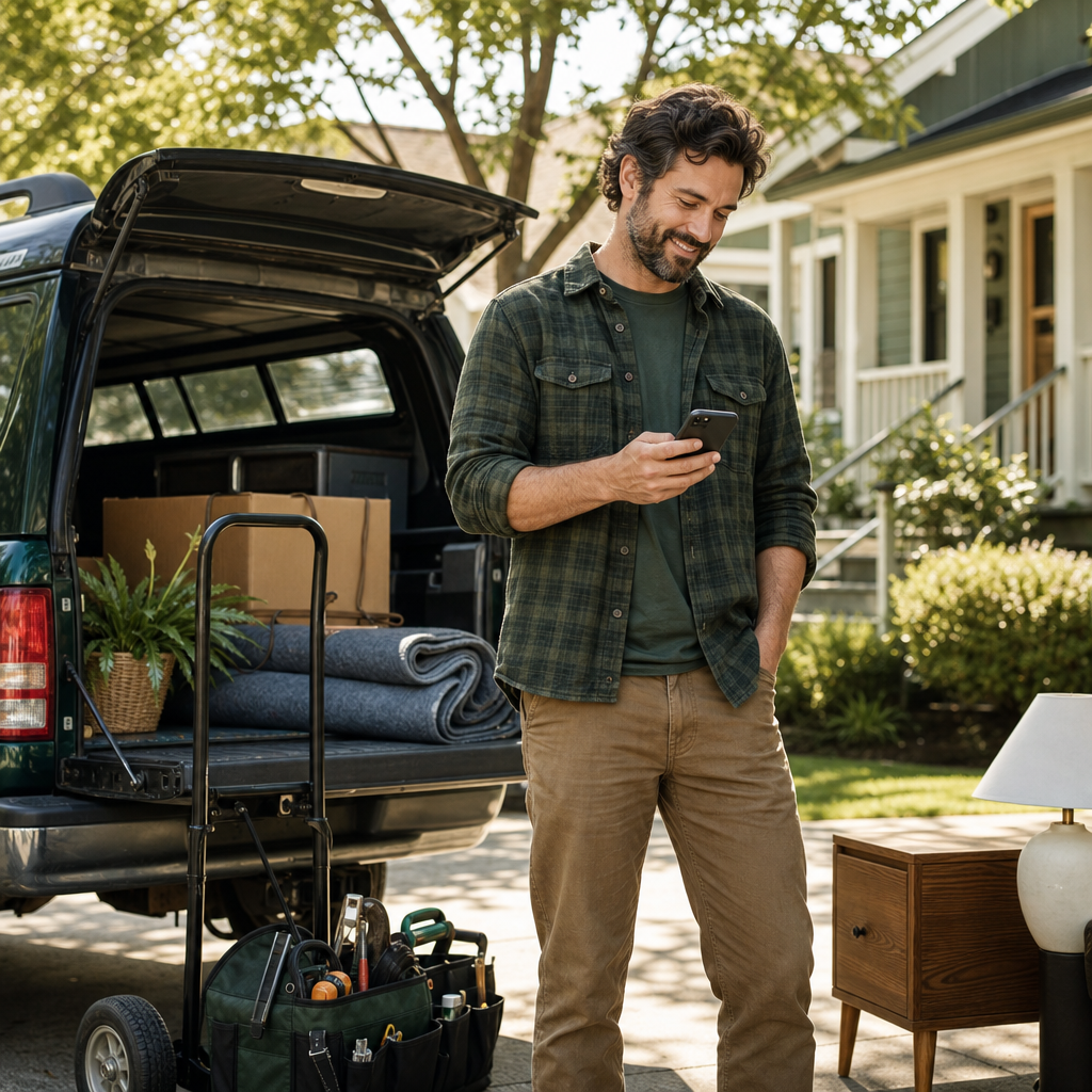 Independent local service provider reviewing work opportunities on a phone beside a personal work vehicle, tools, and moving equipment
